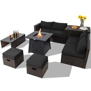 Tangkula 9PCS Outdoor Patio Furniture Set with 30" Propane Fire Pit Table PE Wicker Space-Saving Sectional Sofa Set w/ Storage Box & Cushions