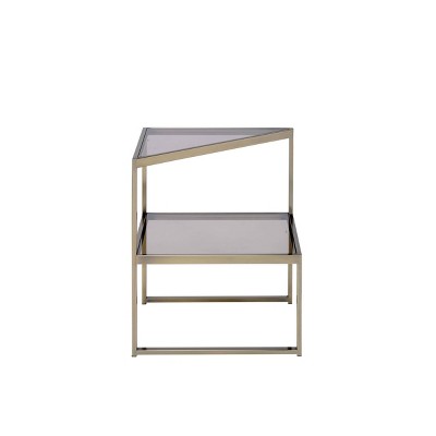 Antique Gold Triangular Metal & Glass Dual-Tier End Table