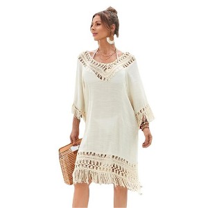 Coolmee Womens Swimsuits Cover Ups Crochet Fringe Beach Cover Bathing Suit Bikini Wear Coverups Midi Dress One Size Apricot - 1 of 4