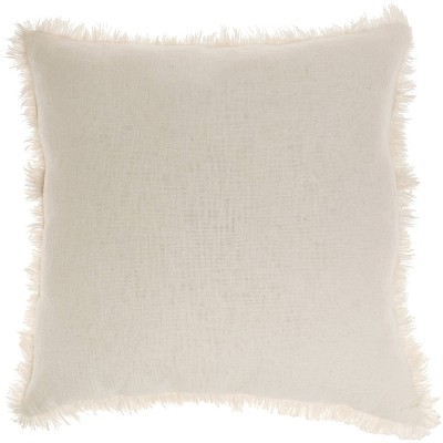 Ivory Stonewash Cotton Square Throw Pillow with Fringe Edges