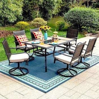 7pc Patio Dining Set - 360¬∞ Swivel Chairs, Cushions, Rectangle Steel & Faux Wood Tabletop, All-Weather Rattan, Umbrella Hole - Captiva Designs