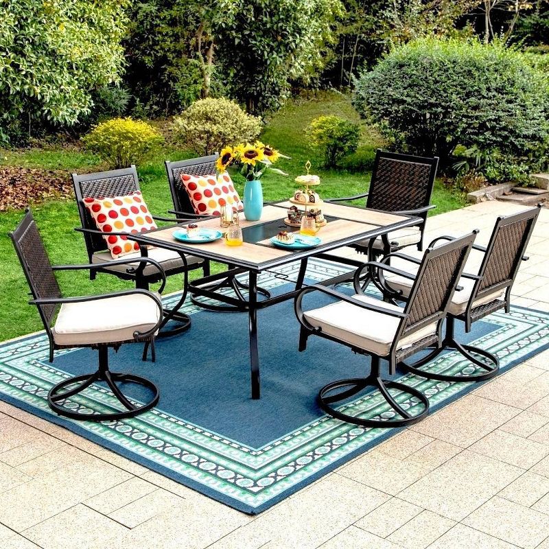 7pc Patio Dining Set - 360¬∞ Swivel Chairs, Cushions, Rectangle Steel & Faux Wood Tabletop, All-Weather Rattan, Umbrella Hole - Captiva Designs, 1 of 12