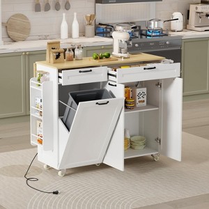 Rolling Kitchen Island Cart with Trash Can Storage ,Kitchen Island with Drop Leaf & Power Outlet - 1 of 4