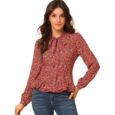 Allegra K Women's Tie Bow Neck Long Sleeves Floral Blouse Button Down Shirt
