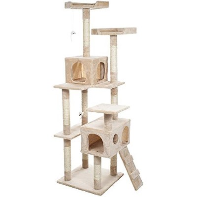 Cat Tree - 5.5-Foot Cat Tower for Indoor Cats with Perches, 2 Condos, 9 Cat Scratching Posts, 2 Hanging Toys, and 2-Step Ladder by PETMAKER (Beige)
