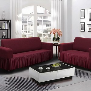 Home Mart Goods 2-Piece Set Burgundy Slipcover Sofa & Loveseat Cover Protector 4-Way Stretch Elastic - 1 of 3