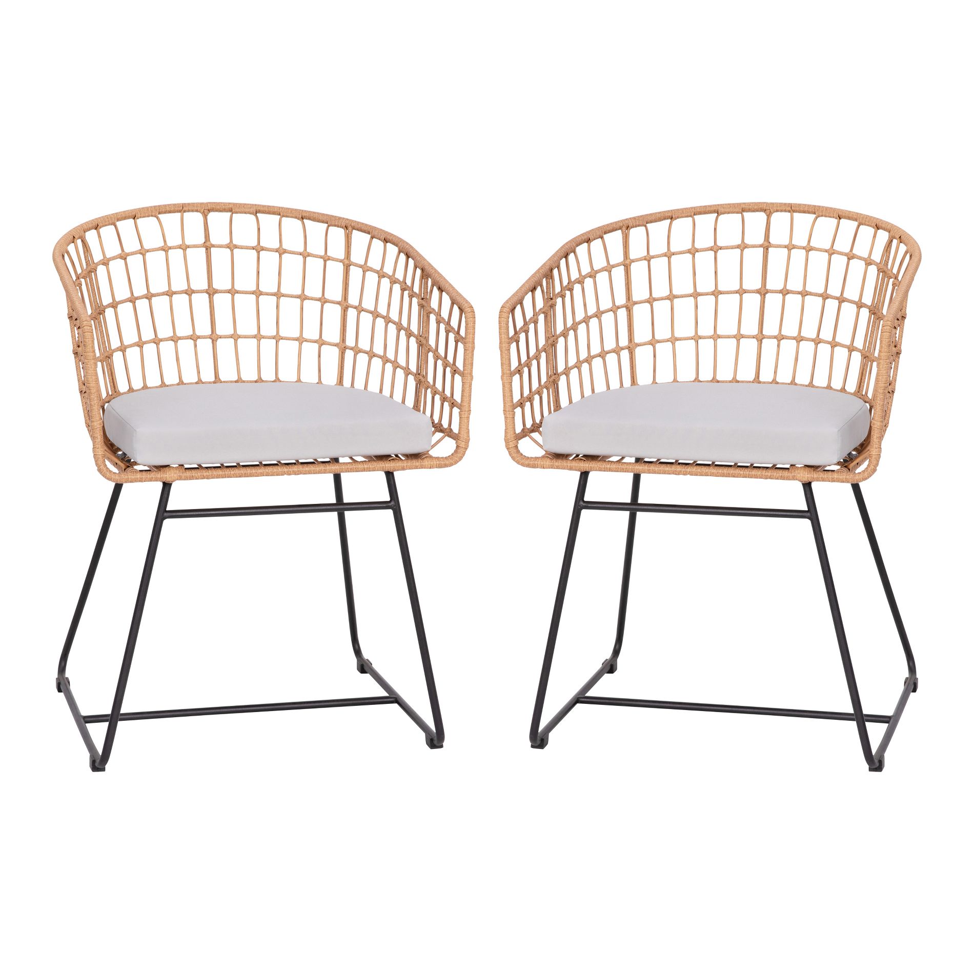 Emma and Oliver Set of Two Boho All-Weather Natural Faux Rattan Rope Chairs with Padded Light Gray Cushions for Indoor and Outdoor Use