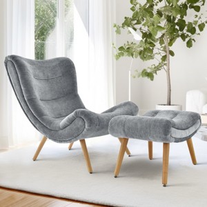 Planet 37.5" High Back High-End Velvet and Ultra-Soft Cushioning Upholstered Chaise Lounge Chaise and Ottoman Foot Rest Set-Maison Boucle - 1 of 4