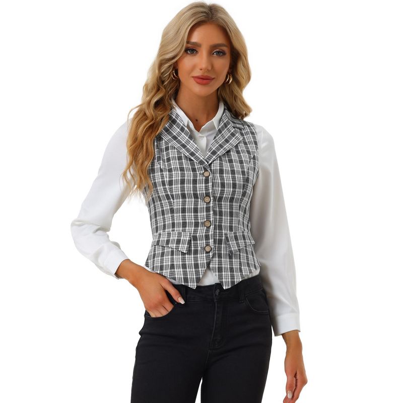 Allegra K Women's Plaid Vintage Notched Lapel Collar Single Breasted Waistcoat Vest, 1 of 6