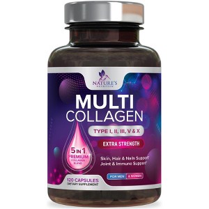 Multi Collagen Supplement, Type I, II, III, V, X Collagen Pills, Collagen Supplements, Hair, Skin, Nail & Joint - 120 Capsules By Nature's Nutrition - 1 of 4