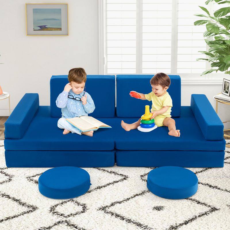 Costway 10 PCS Kids Play Sofa Set Modular Convertible Foam Folding Couch Toddler Playset Blue/Grey/Green, 3 of 11