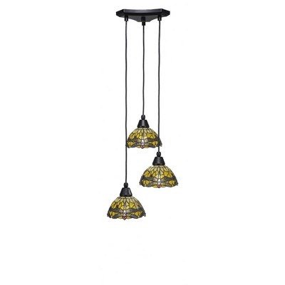 Toltec Lighting Europa 3 - Light Pendant in  Matte Black with 7" Amber Dragonfly Art Glass Shade
