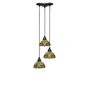 Toltec Lighting Europa 3 - Light Pendant in  Matte Black with 7" Amber Dragonfly Art Glass Shade - 1 of 1