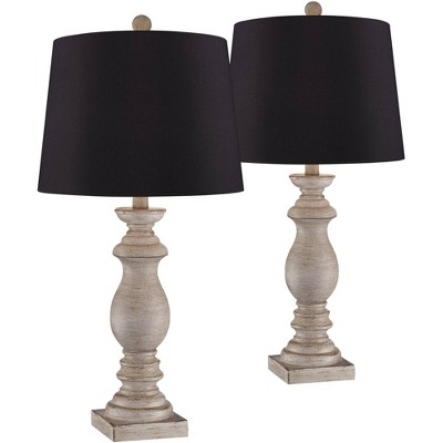 Regency Hill Farmhouse Table Lamps Set of 2 Beige Washed Faux Wood Black Faux Silk Drum Shade for Living Room Bedroom House Home