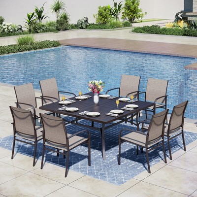 Captiva Designs 9pc Spacious Slat-top Square Metal Table with Umbrella Hole & Sling Fixed Dining Chairs