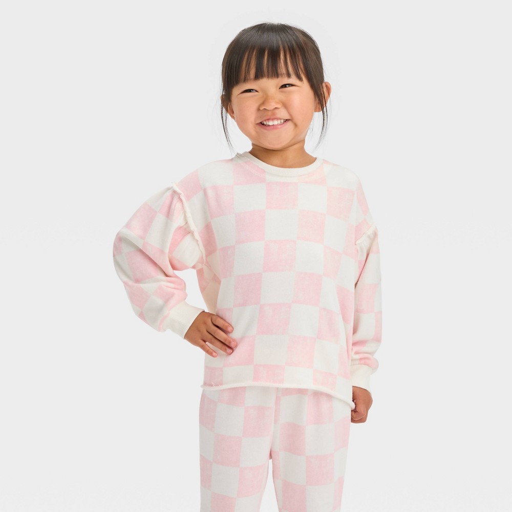 Grayson Mini Toddler Girls' Checkered French Terry Puff Sleeve Crewneck Sweatshirt - Pink 5T