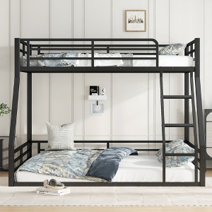 Twin XL Over Queen Metal Floor Bunk Bed Frame with Guardrails and Ladder, Space-Saving Heavy-Duty Bed ,kids bed - 1 of 4
