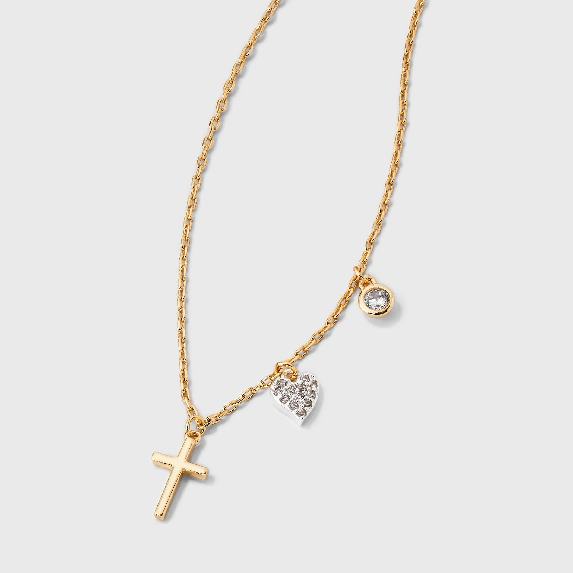 14K Gold Dipped Cubic Zirconia Bezel Heart and Cross Necklace - Gold