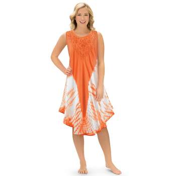 Collections Etc Woven Tie Dye Dress with Embroidery Scooped Neckline, Lightweight Beach Coverup