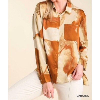 Women's Satin Marble Collared Button Up Shirt - umgee