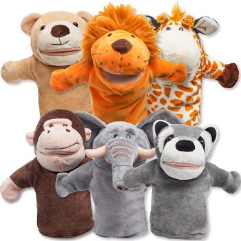 Syncfun 6Pcs Animal Friends Kids Hand Puppets 9x8in Toddler Animal Plush Toy Elephant, Giraffe, Lion, Bear, Raccoon Birthday Gifts