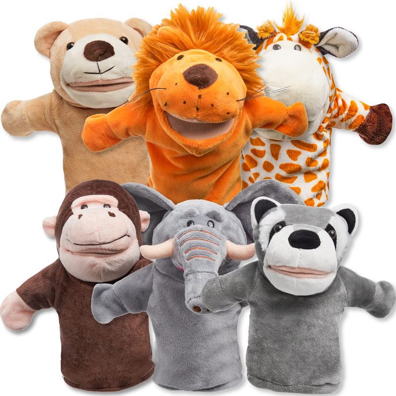 Syncfun 6Pcs Animal Friends Kids Hand Puppets 9x8in Toddler Animal Plush Toy Elephant, Giraffe, Lion, Bear, Raccoon Birthday Gifts, 1 of 7