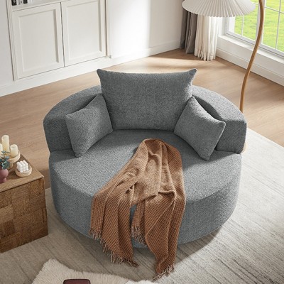 1pc Oversized Swivel Lounge Chair, Chenille Upholstered Barrel Seat with Removable Pillows, No Legs Needed - Coolbibila