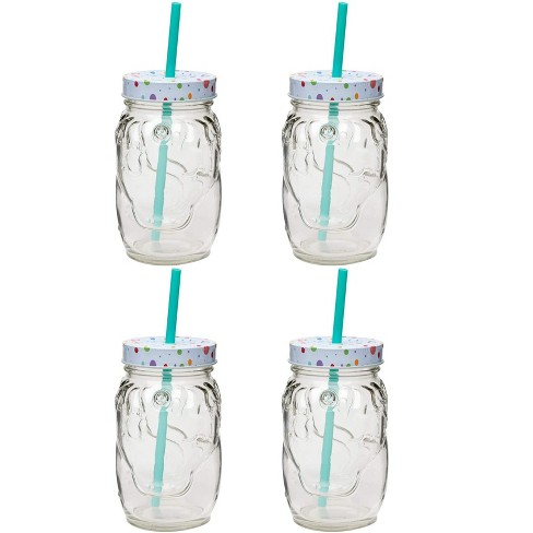 4 Pack x 16 oz Mason Jar Mugs with Handles, Lids, Reusable Straws with  Fruit Patterned