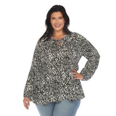 Plus Size Printed Peasant Blouse-White Mark