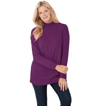 Woman Within Women's Plus Size Petite Perfect Long-Sleeve Mockneck Tee
