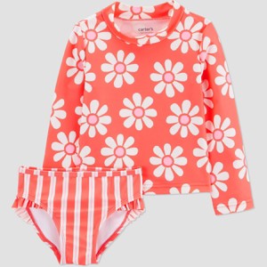 Carter's Just One You&#174 Toddler Boys' Long Sleeve Floral Striped 2PC Rash Guard Swimsuit Sets - Pink - 1 of 4