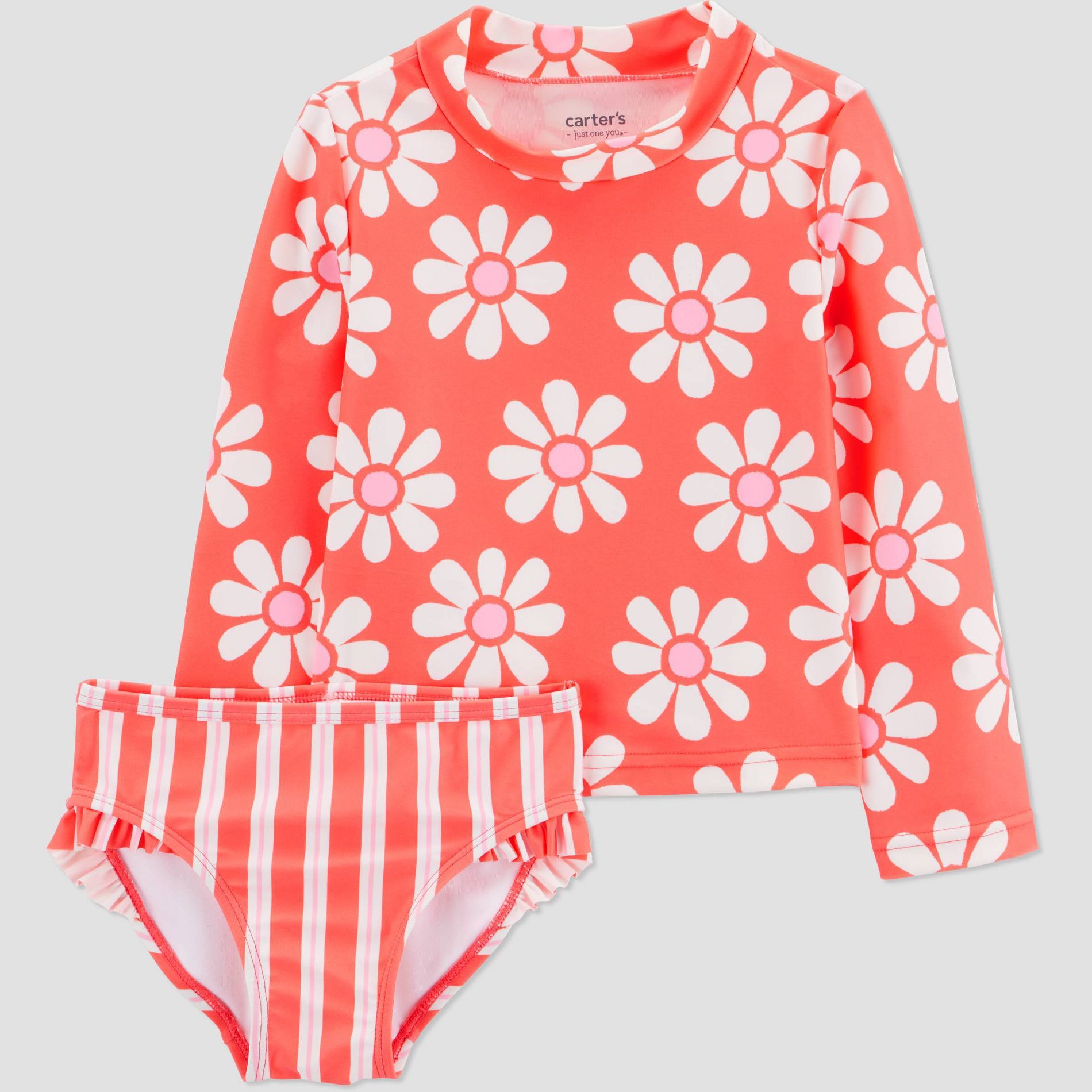 Carter's Just One You® Toddler Girls' Long Sleeve Floral Stripe 2PC Rash Guard Swim Set - Pink 5T