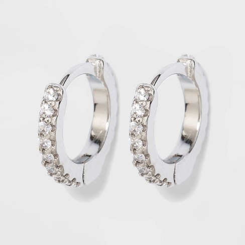 Prong Set Pave Cubic Zirconia Huggie Hoop Earrings - A New Day™ Silver :  Target