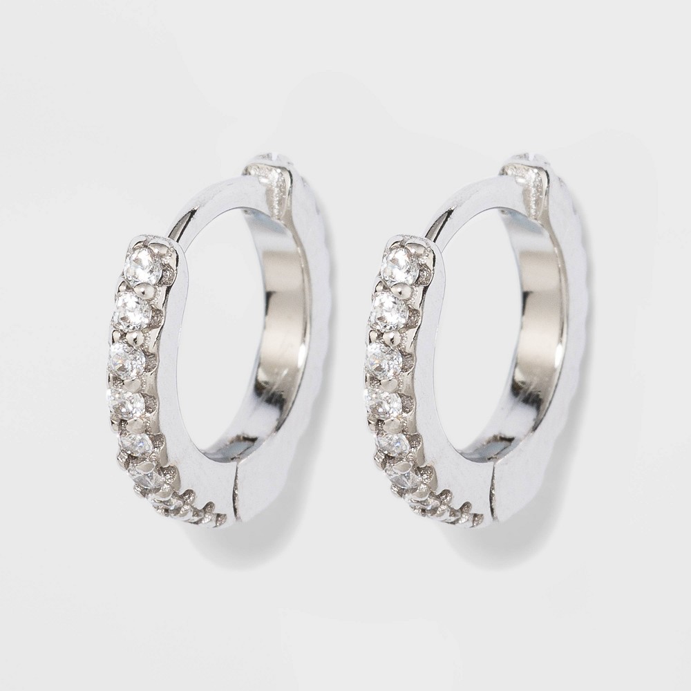 Photos - Earrings Prong Set Pave Cubic Zirconia Huggie Hoop  - A New Day™ Silver