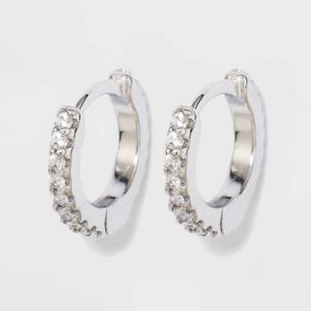 Prong Set Pave Cubic Zirconia Huggie Hoop Earrings - A New Day™ Silver