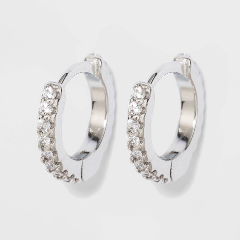 Prong Set Pave Cubic Zirconia Huggie Hoop Earrings - A New Day™ Silver
