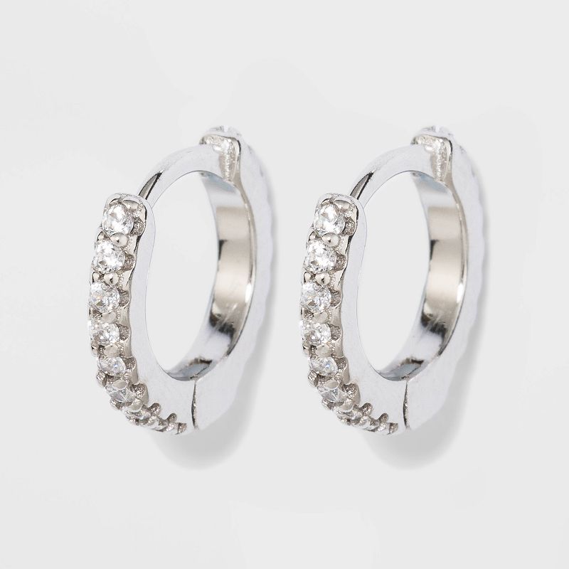 Prong Set Pave Cubic Zirconia Huggie Hoop Earrings - A New Day&#8482; Silver, 1 of 3