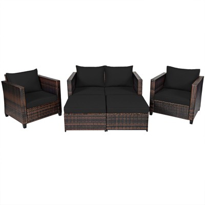 5-Piece Black Wicker Outdoor Conversation Set with Cushions
