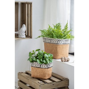 YUHAO Set of 2 Rectangular Basket Planters with Geometric Trim for Indoor Outdoor Home Garden Decor - L: 10.4"x8.7"x7.9", S: 7.3"x5.5"x5.9" - 1 of 4