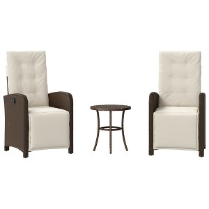 vidaXL 3 Piece Poly Rattan Bistro Set with Adjustable Recliners & Cushions - Brown/Cream White for Garden, Patio, Balcony - 1 of 4