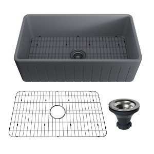 CASAINC 33" Farmhouse Apron Single Bowl Fireclay Kitchen Sink with Grid and Strainer - Reversible Installation - 1 of 4
