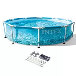 Intex 28206EH 10' x 30" Rust Resistant Steel Metal Frame Outdoor Backyard Above Ground Circular Beachside Swimming Pool with Protective Canopy