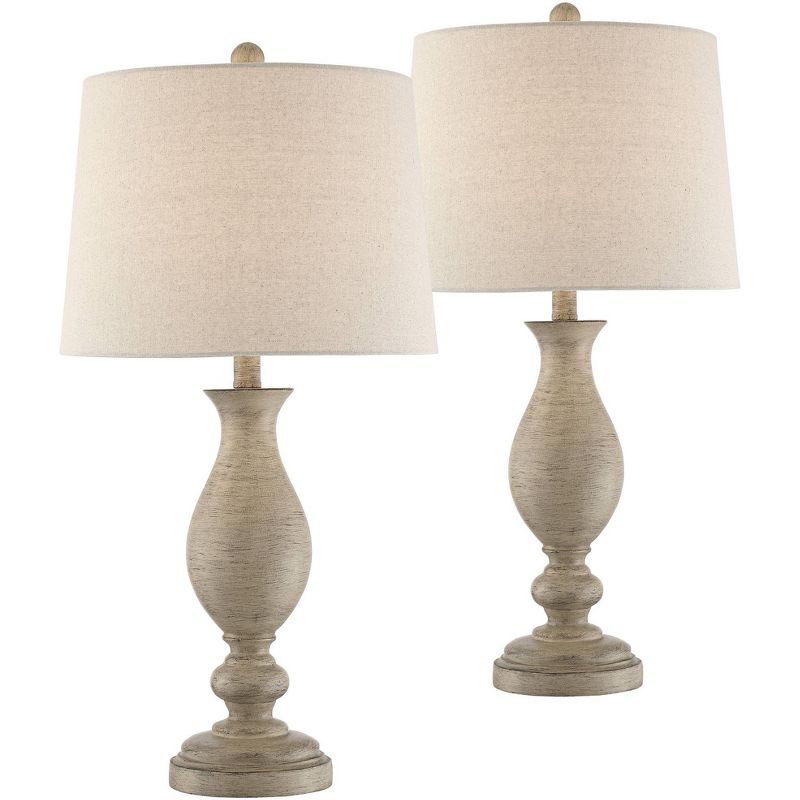 Regency Hill Serena Country Cottage Table Lamps 27 1/2" Tall Set of 2 Beige Gray Oatmeal Fabric Drum Shade for Bedroom Living Room Bedside Nightstand, 1 of 10