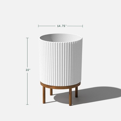 White Fluted Concrete-Composite Planter with Acacia Wood Stand