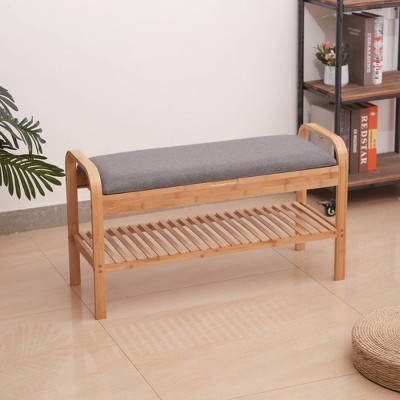 Elecwish Bamboo Shoe Bench Rack With Cushion, Side Drawer - Asian