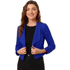 INSPIRE CHIC Women's Regular Fit Notched Lapel Ruched Sleeve Business Crop Blazer - 1 of 4
