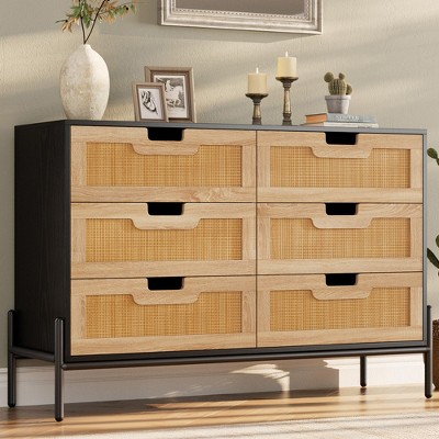 Rattan 6 Drawers Dresser, 47.2''Wx15.7''Dx32.3''H Dresser with Chest of Drawers with Anti-Tipping & Silent Slides for Bedroom, Hallway, Kids Room