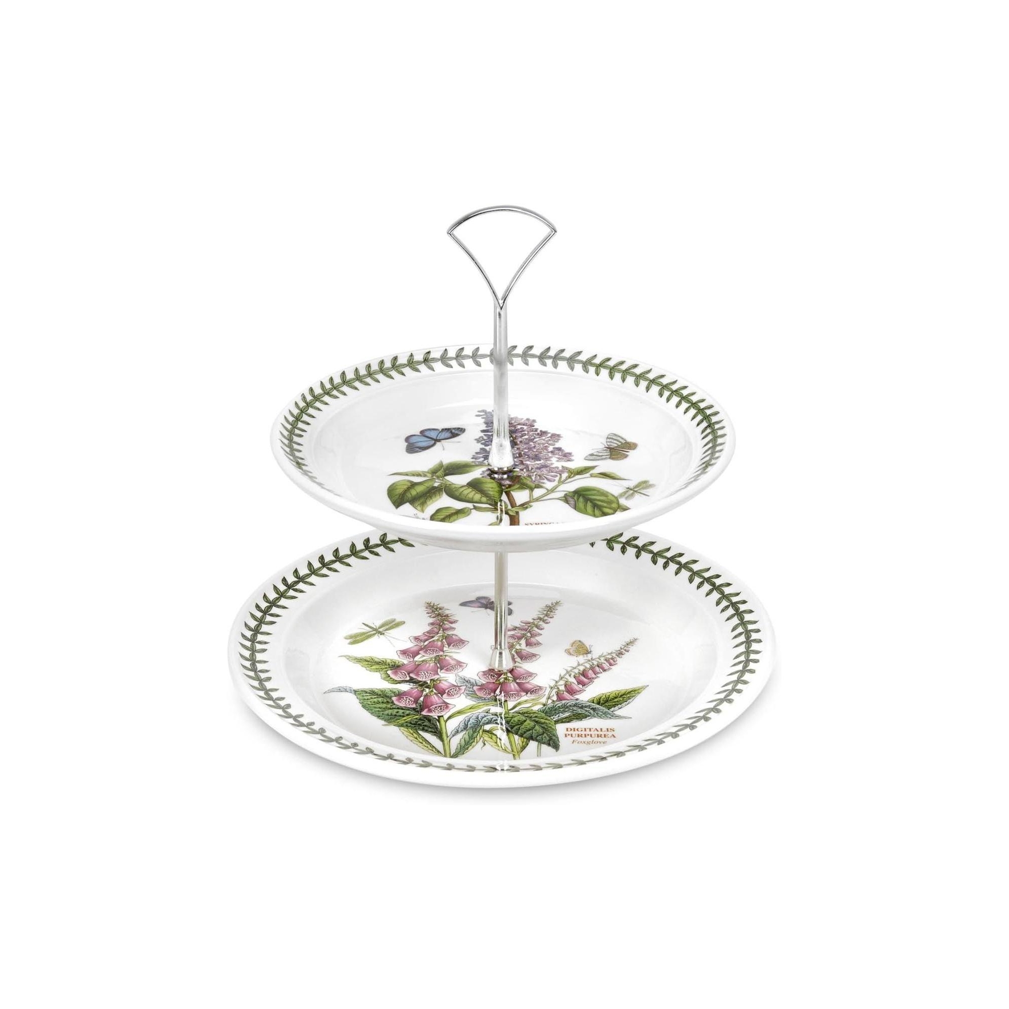 Portmeirion Botanic Garden 2-Tiered Server - 10" & 8" Dessert Display with Assorted Floral & Butterfly Motif - Earthenware, Made in England