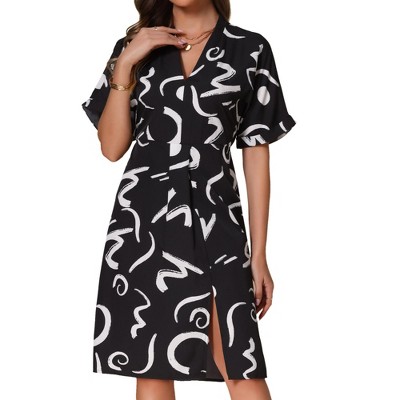 INSPIRE CHIC Women's Summer Short Sleeve V Neck High Waist Split Print Pleated Knee Length Dress