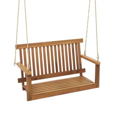 55"2-Seat Acacia Wood Porch Swing Bench with 2 Hanging Hemp Ropes